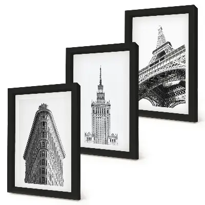 Ensemble de 3 tableaux bâtiments architecturaux en style minimaliste noir et blanc