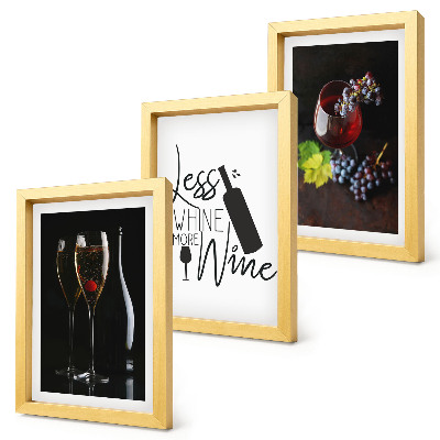 Lot de 3 tableaux Verres à vin avec des raisins et une inscription sur le vin