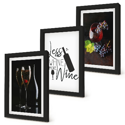 Lot de 3 tableaux Verres à vin avec des raisins et une inscription sur le vin