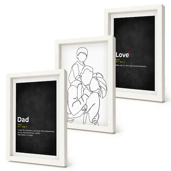 Mur de cadres dessins au trait sur le thème de la famille illustrant la définition de l'amour et de la paternité