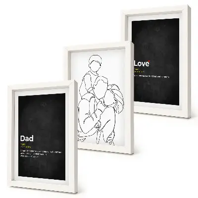 Mur de cadres dessins au trait sur le thème de la famille illustrant la définition de l'amour et de la paternité