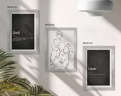 Mur de cadres dessins au trait sur le thème de la famille illustrant la définition de l'amour et de la paternité