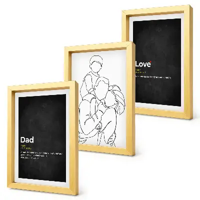 Mur de cadres dessins au trait sur le thème de la famille illustrant la définition de l'amour et de la paternité