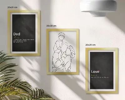 Mur de cadres dessins au trait sur le thème de la famille illustrant la définition de l'amour et de la paternité