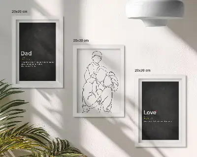 Mur de cadres dessins au trait sur le thème de la famille illustrant la définition de l'amour et de la paternité