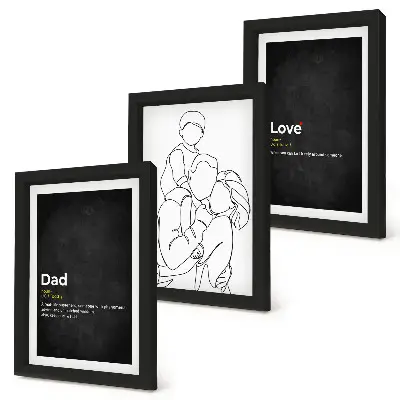 Mur de cadres dessins au trait sur le thème de la famille illustrant la définition de l'amour et de la paternité