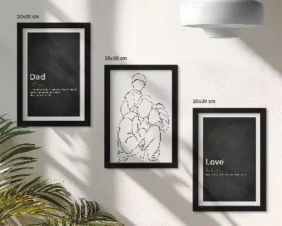 Mur de cadres dessins au trait sur le thème de la famille illustrant la définition de l'amour et de la paternité