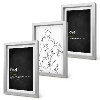 Mur de cadres dessins au trait sur le thème de la famille illustrant la définition de l'amour et de la paternité