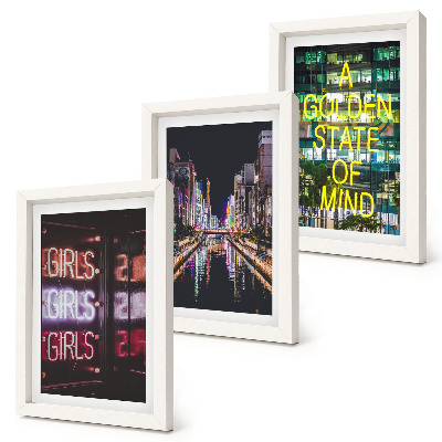 Lot de 3 tableaux Enseignes lumineuses de la ville la nuit, avec vue sur la rivière