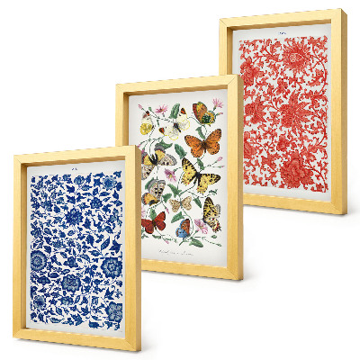 Ensemble de 3 tableaux Affiches vintage de fleurs, papillons et ornements