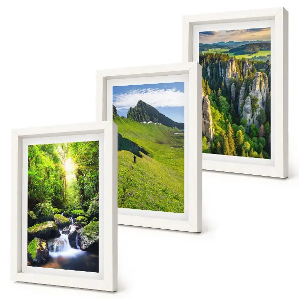 Lot de 3 tableaux représentant des paysages de montagne verdoyants avec une cascade et une forêt
