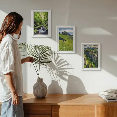 Lot de 3 tableaux représentant des paysages de montagne verdoyants avec une cascade et une forêt