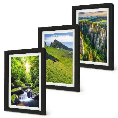 Lot de 3 tableaux représentant des paysages de montagne verdoyants avec une cascade et une forêt