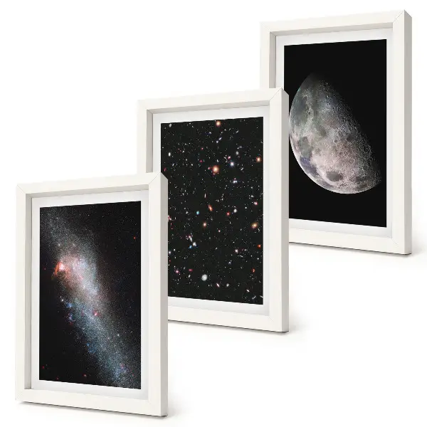 Ensemble de 3 tableaux représentant l'espace avec les étoiles de la galaxie et la pleine lune