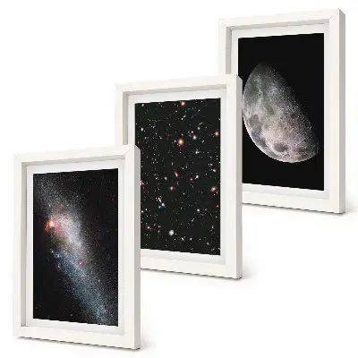 Ensemble de 3 tableaux représentant l'espace avec les étoiles de la galaxie et la pleine lune