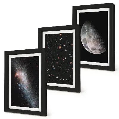 Ensemble de 3 tableaux représentant l'espace avec les étoiles de la galaxie et la pleine lune
