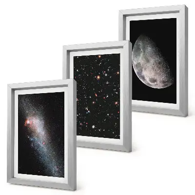Ensemble de 3 tableaux représentant l'espace avec les étoiles de la galaxie et la pleine lune