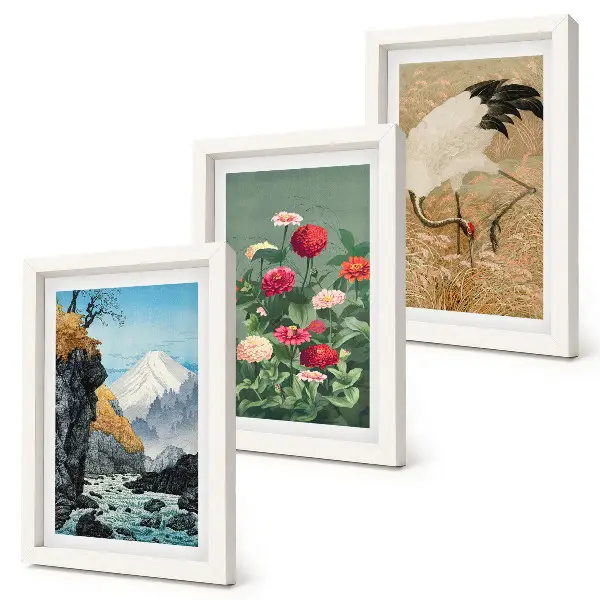 Lot de 3 tableaux représentant un paysage de montagne avec rivière fleurs et grues dans l'herbe