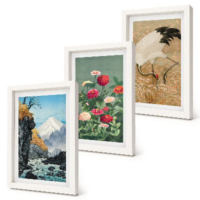 Lot de 3 tableaux Des montagnes dans le paysage, une rivière, des fleurs et des grues dans l'herbe
