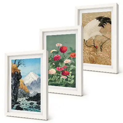 Lot de 3 tableaux représentant un paysage de montagne avec rivière fleurs et grues dans l'herbe