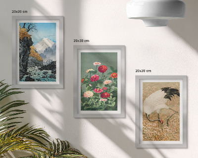 Lot de 3 tableaux Des montagnes dans le paysage, une rivière, des fleurs et des grues dans l'herbe