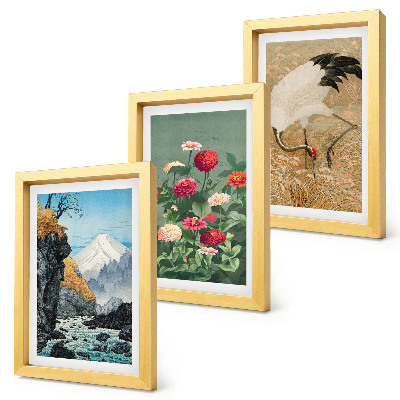 Lot de 3 tableaux Des montagnes dans le paysage, une rivière, des fleurs et des grues dans l'herbe
