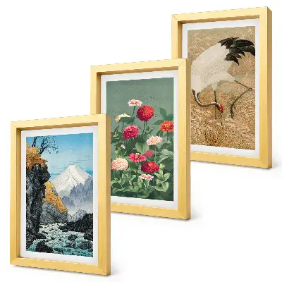 Lot de 3 tableaux représentant un paysage de montagne avec rivière fleurs et grues dans l'herbe