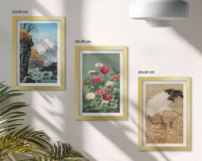 Lot de 3 tableaux Des montagnes dans le paysage, une rivière, des fleurs et des grues dans l'herbe