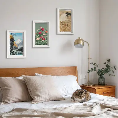 Lot de 3 tableaux représentant un paysage de montagne avec rivière fleurs et grues dans l'herbe