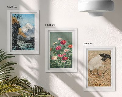 Lot de 3 tableaux Des montagnes dans le paysage, une rivière, des fleurs et des grues dans l'herbe