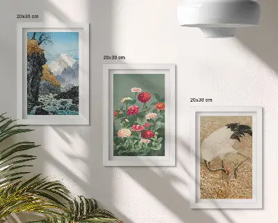 Lot de 3 tableaux représentant un paysage de montagne avec rivière fleurs et grues dans l'herbe