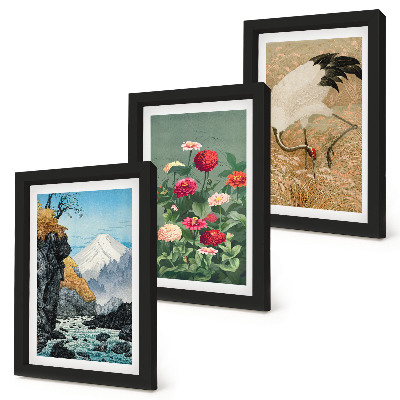 Lot de 3 tableaux Des montagnes dans le paysage, une rivière, des fleurs et des grues dans l'herbe
