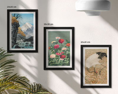 Lot de 3 tableaux Des montagnes dans le paysage, une rivière, des fleurs et des grues dans l'herbe