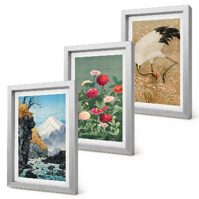 Lot de 3 tableaux Des montagnes dans le paysage, une rivière, des fleurs et des grues dans l'herbe
