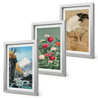 Lot de 3 tableaux représentant un paysage de montagne avec rivière fleurs et grues dans l'herbe