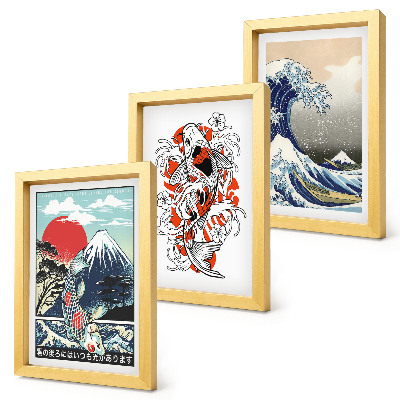 Mur de cadres Illustrations de montagnes de poissons et de la Grande Vague de Kanagawa, style japonais