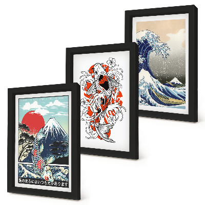 Mur de cadres Illustrations de montagnes de poissons et de la Grande Vague de Kanagawa, style japonais