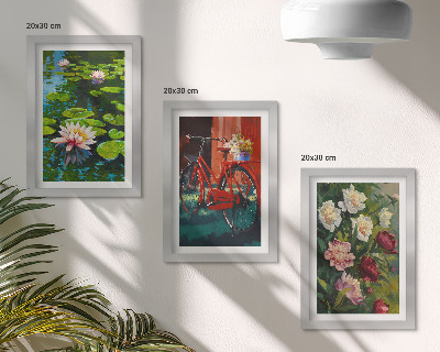 Mur de cadres Nénuphars sur l'eau, vélo dans le jardin, fleurs colorées