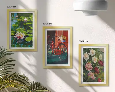 Mur de cadres nénuphars sur l'eau, vélo dans le jardin et fleurs colorées