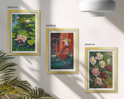 Mur de cadres Nénuphars sur l'eau, vélo dans le jardin, fleurs colorées