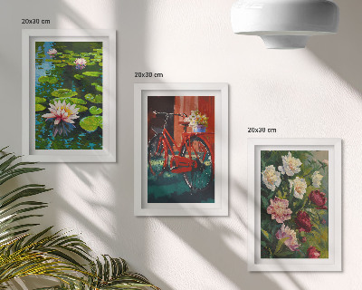 Mur de cadres Nénuphars sur l'eau, vélo dans le jardin, fleurs colorées