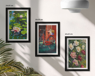 Mur de cadres Nénuphars sur l'eau, vélo dans le jardin, fleurs colorées