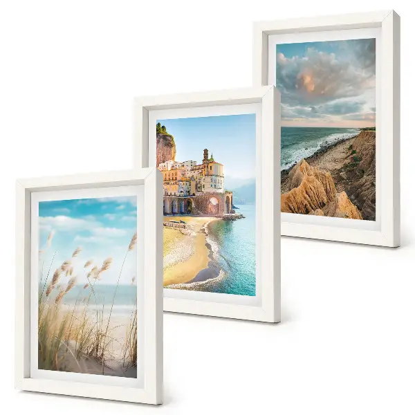 Lot de 3 tableaux représentant des paysages côtiers avec plage, ville et falaises