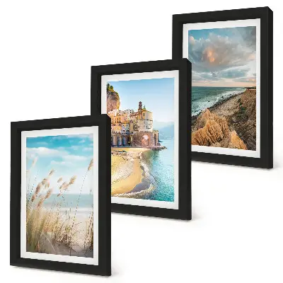 Lot de 3 tableaux représentant des paysages côtiers avec plage, ville et falaises