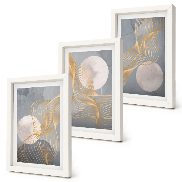 Ensemble de 3 tableaux Motifs abstraits avec des vagues et des cercles sur fond gris