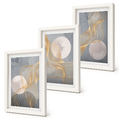 Ensemble de 3 tableaux Motifs abstraits avec des vagues et des cercles sur fond gris
