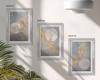 Ensemble de 3 tableaux Motifs abstraits avec des vagues et des cercles sur fond gris