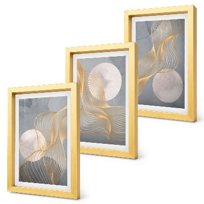 Ensemble de 3 tableaux Motifs abstraits avec des vagues et des cercles sur fond gris