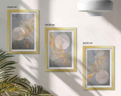 Ensemble de 3 tableaux Motifs abstraits avec des vagues et des cercles sur fond gris