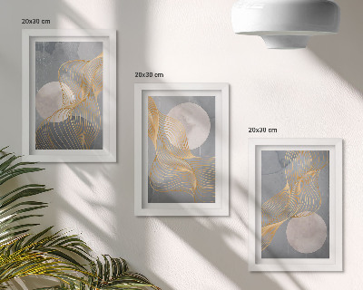 Ensemble de 3 tableaux Motifs abstraits avec des vagues et des cercles sur fond gris
